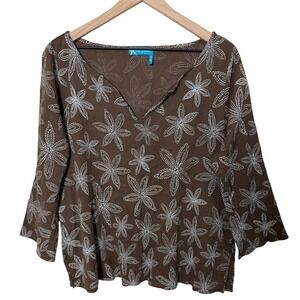 Fresh Produce Brown‎ Floral 3/4 Sleeve V Neck Top Women's Size L Cotton Blouse